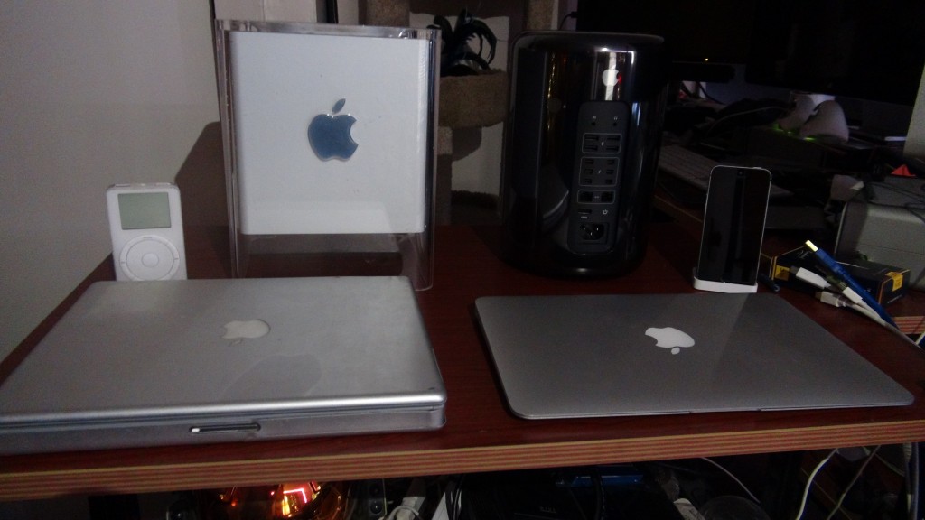 My perfectly functioning 2000 G4 Cube, 2003 12" PowerBook G4, dead original iPod, original 2010 11" MacBook Air, iPhone 5S, and 2013 Mac Pro